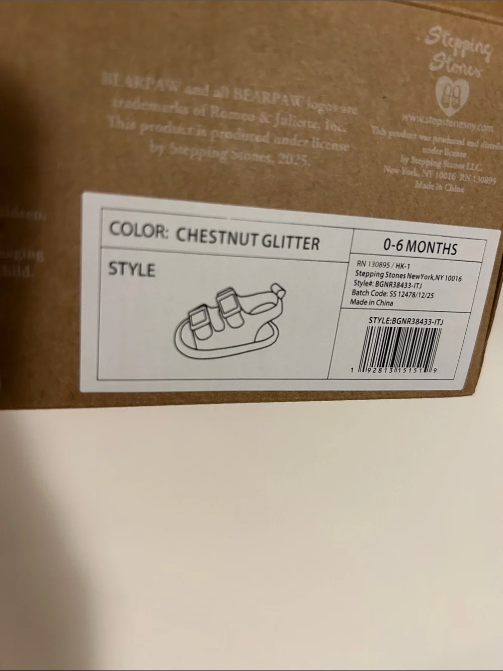 BearPaw chestnut glitter  Leather Baby Sandals size 0-6 months